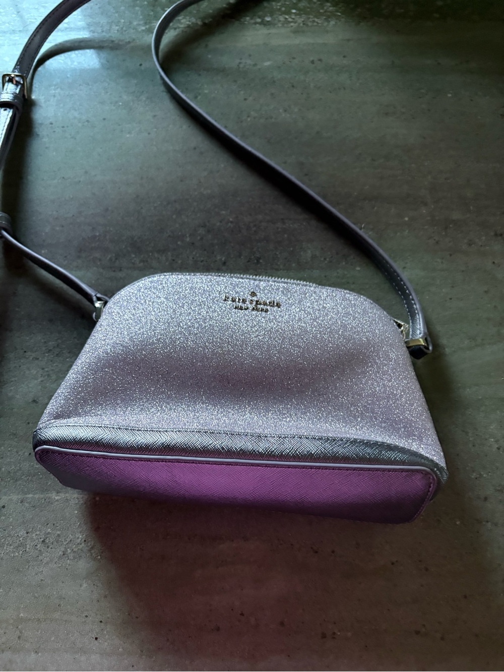 kate spade silver glitter and purple crossbody bag